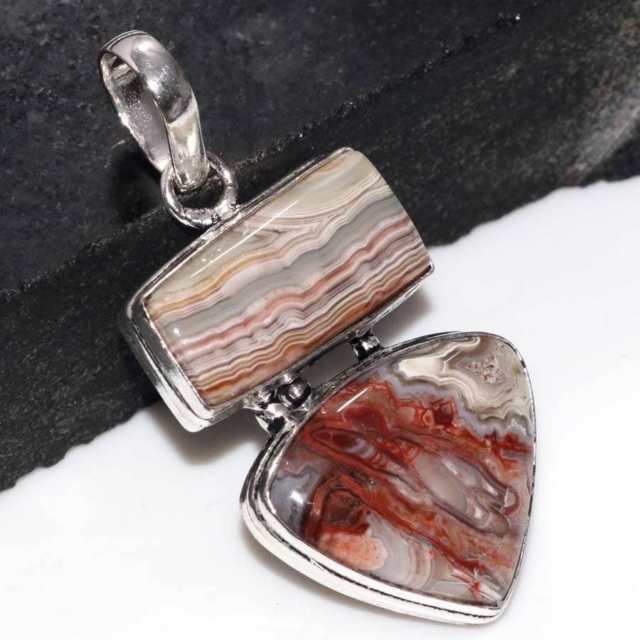 925 Silver Plated Long Lake Superior Agate Pendant 1.9″ Mother’s Day Gift GW