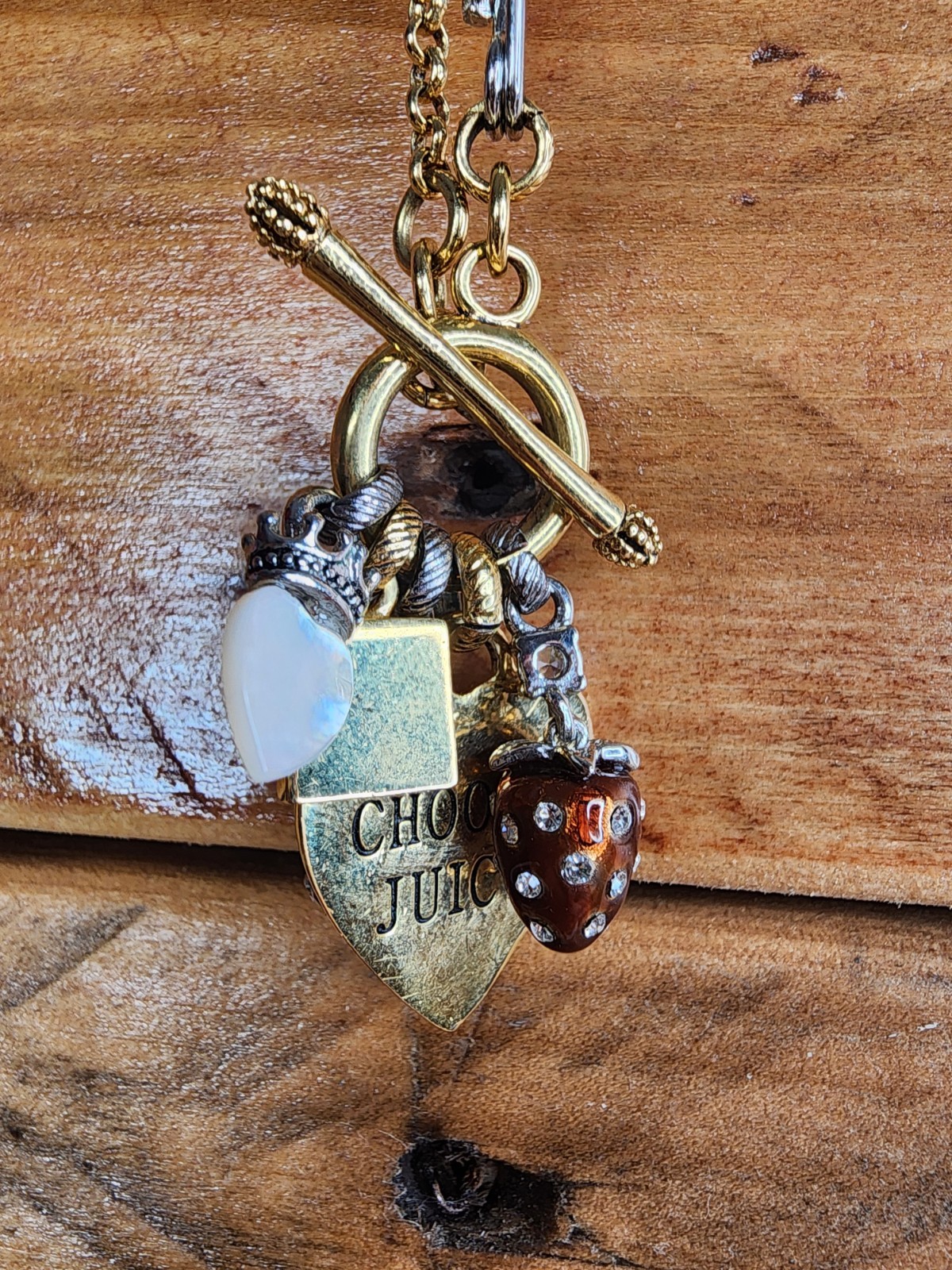 JUICY COUTURE Charm Necklace Safety Pin Strawberry Toggle Closure 17″
