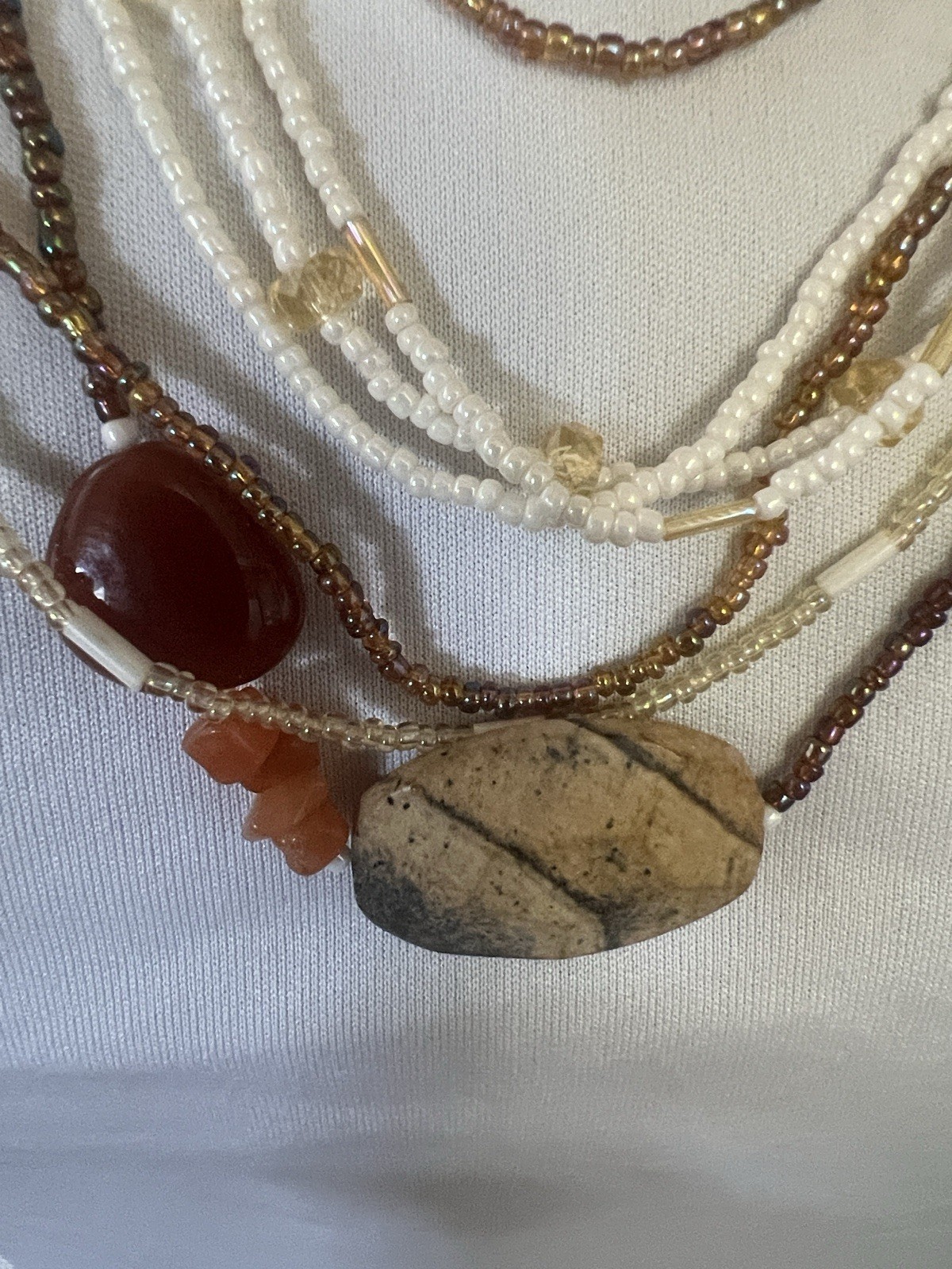 Multi-Strand Beaded Bohemian Necklace, Beige Oval Stone Pendant, Lobster