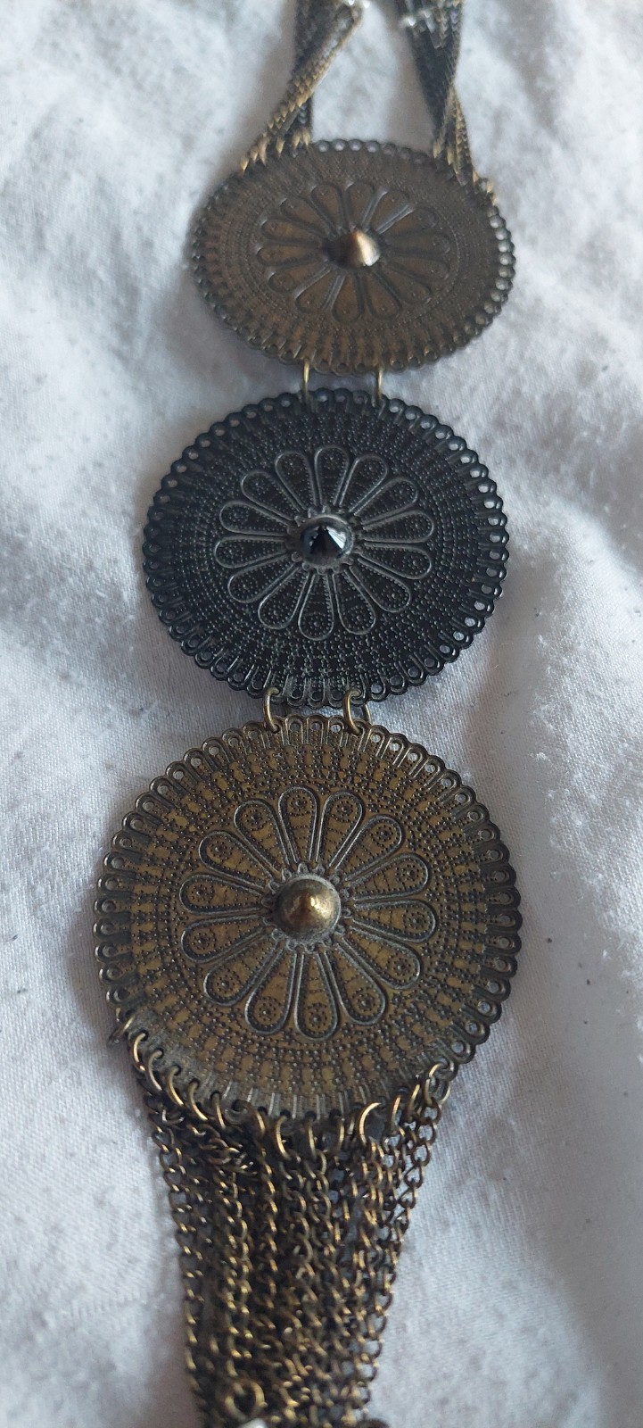 Vintage Gold Black Filigree Disc Medallion Tassel Boho Dreamcatcher Necklace XL