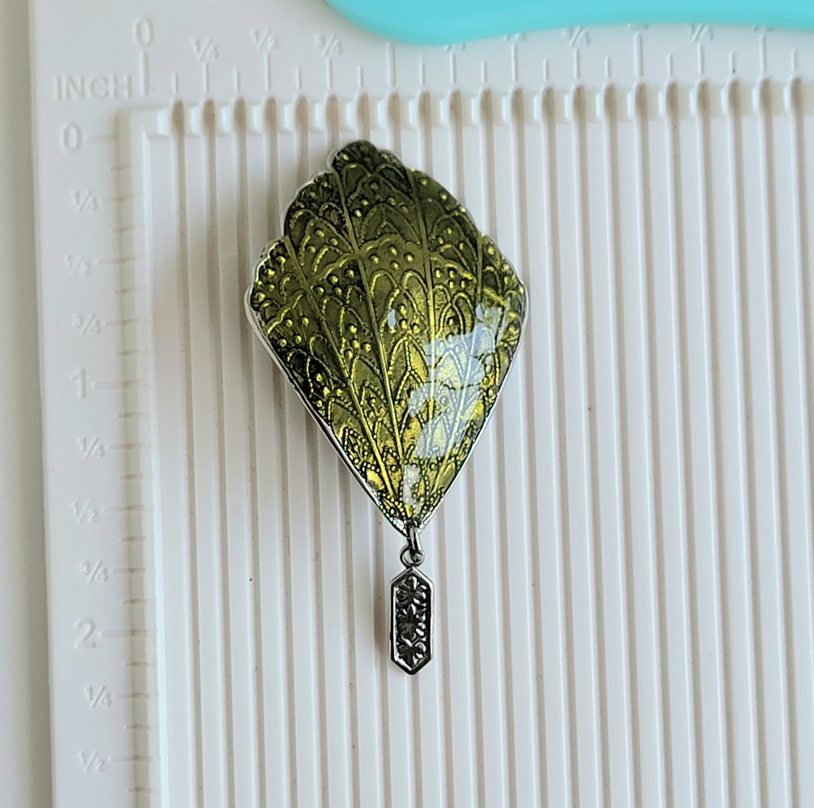 Art Deco Bohemian Fan Earrings Green Enamel Dangle Clip Ons