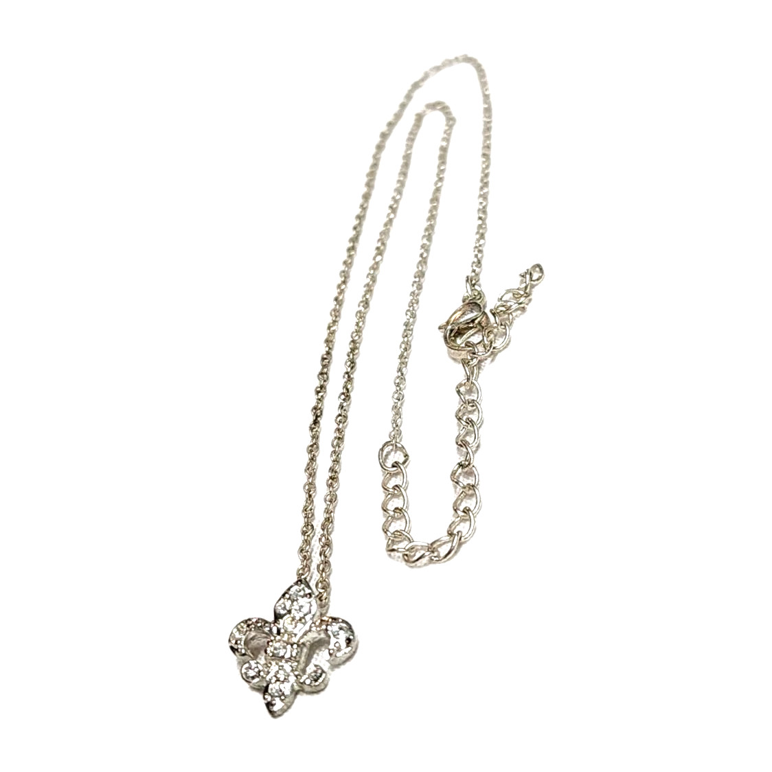 Dainty White Rhinestones & Silver Tone Fleur De Lis Pandant Charm Necklace 18″