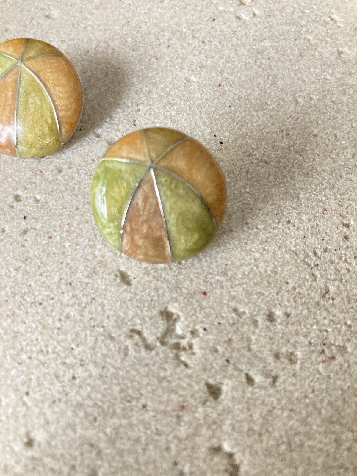 Vintage Enamel Dome Stud Earrings Orange Green Yellow Silver Tone Mod Artsy