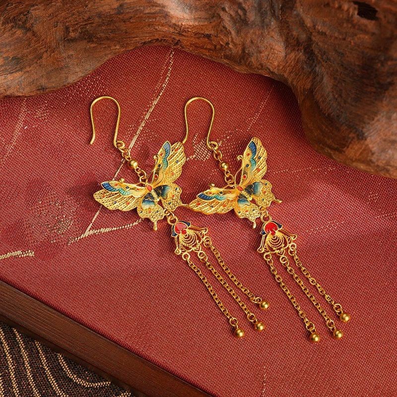 Enamel Filigree Butterfly Tassel Earrings Vintage Chinese Style Jewelry