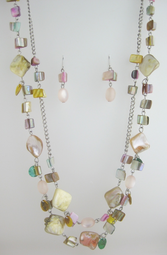 New Double Stranded Multi Colored Shell Necklace & Earring Set #N2356