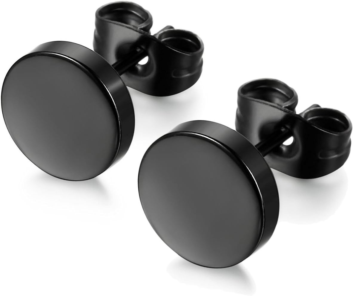 Black round Stud Earrings Set Stainless Steel Ear Studs for Men Women 6 Pairs 3M