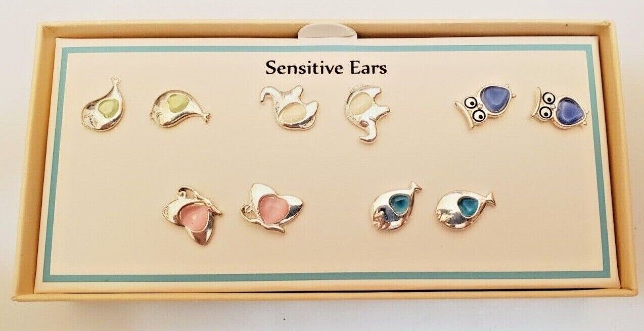 Bay Studio Stud Back Earrings 5 Pair Sensitive Ears Birds Elephants Fish Owls