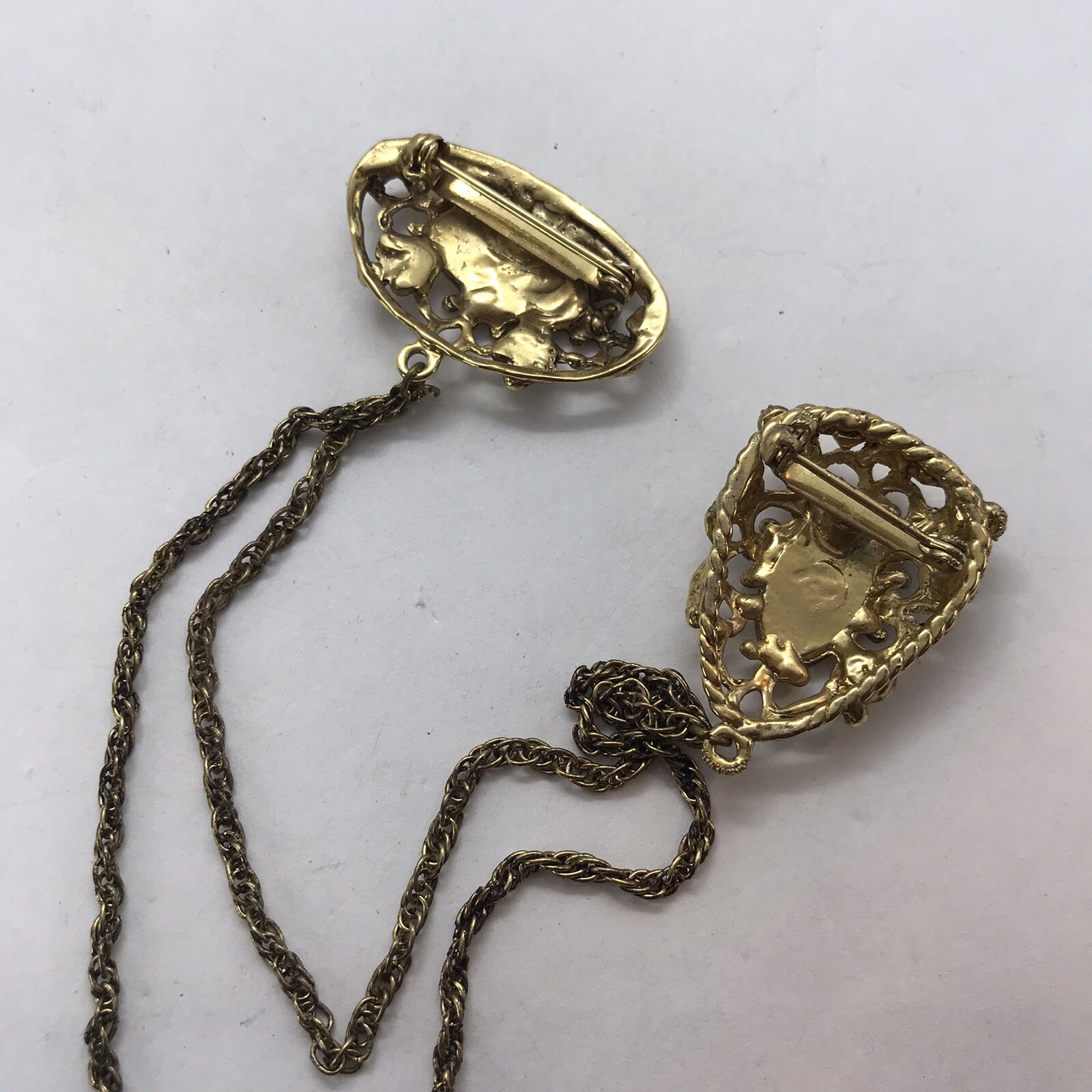 Vintage Brooch Enamel Dangler Chains Double Pin Victorian Revival