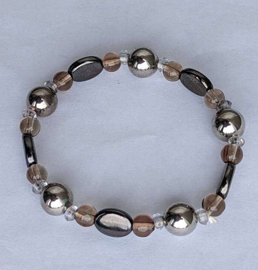Hematite black and silver champagne bead stretch bracelet, 7″+ circumference