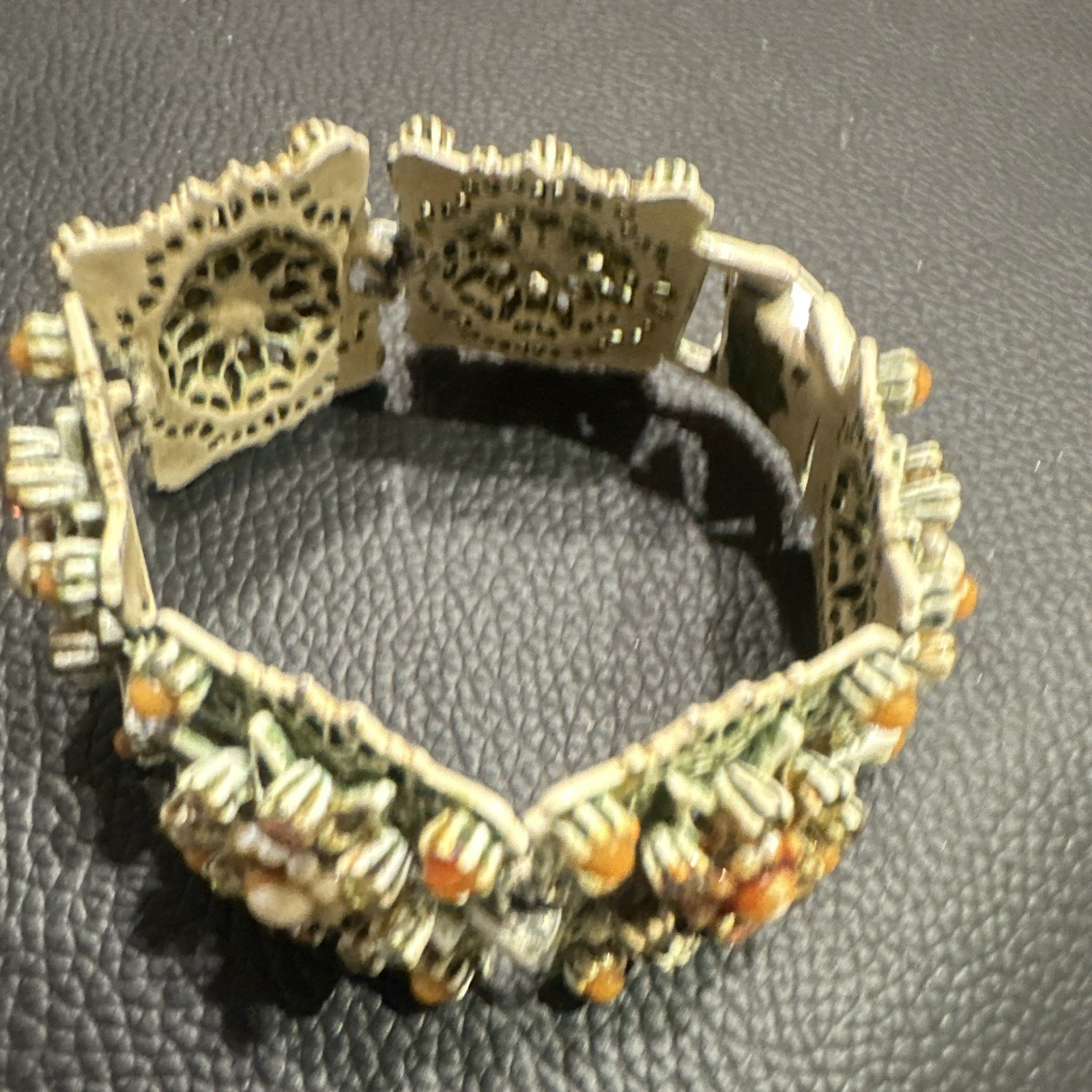 Vtg ART Arthur Pepper Enamel Filigree Bracelet Faux Pearl Orange Coral Color