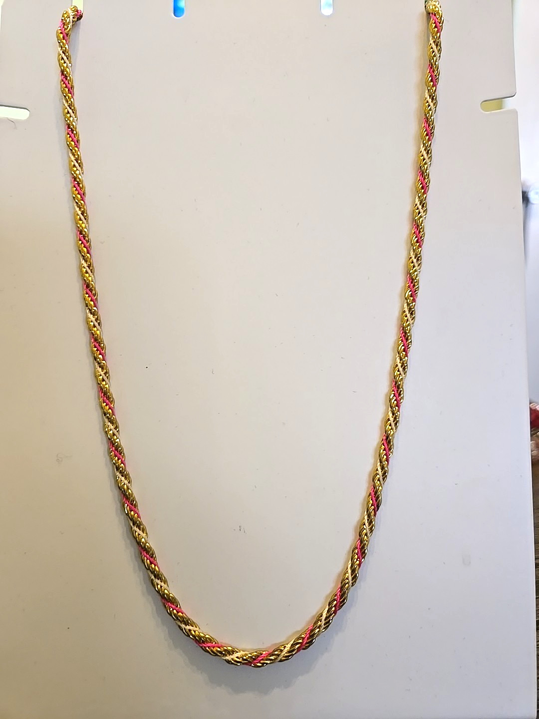 Gold Pink White Twisted Rope Necklace Vintage 24″