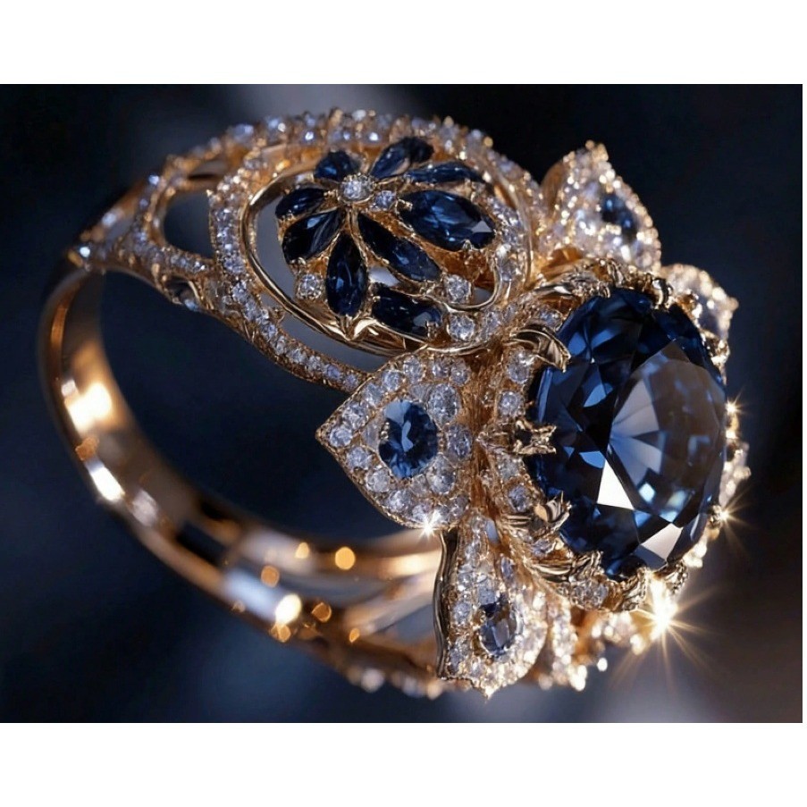 Blue Sapphire Floral Statement Ring Gold Tone Filigree Cocktail Ring Size 6