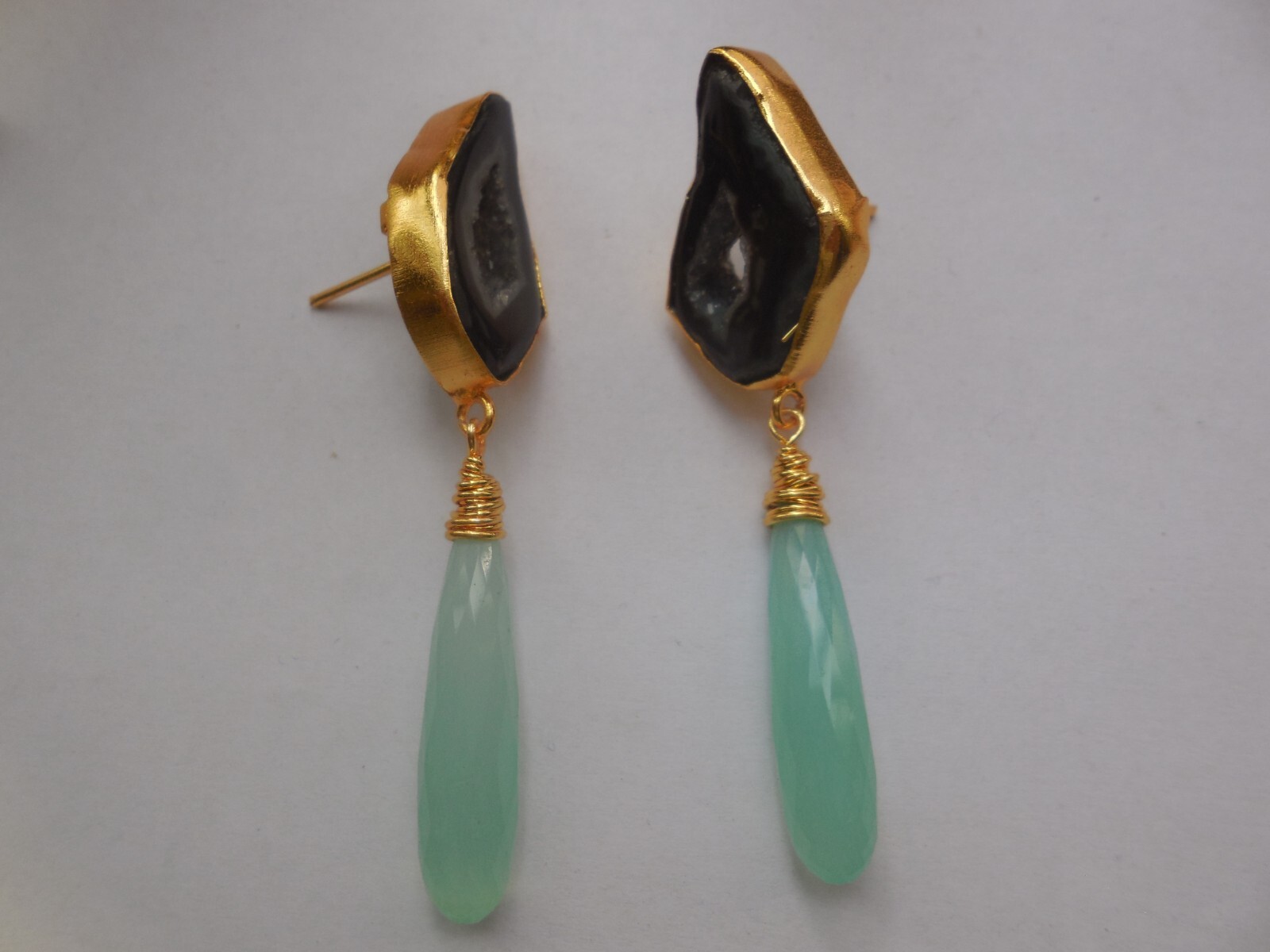 Druzy Chandelier Earrings Elongated Chalcedony Drop Gemstone Gold Plated Jewelry