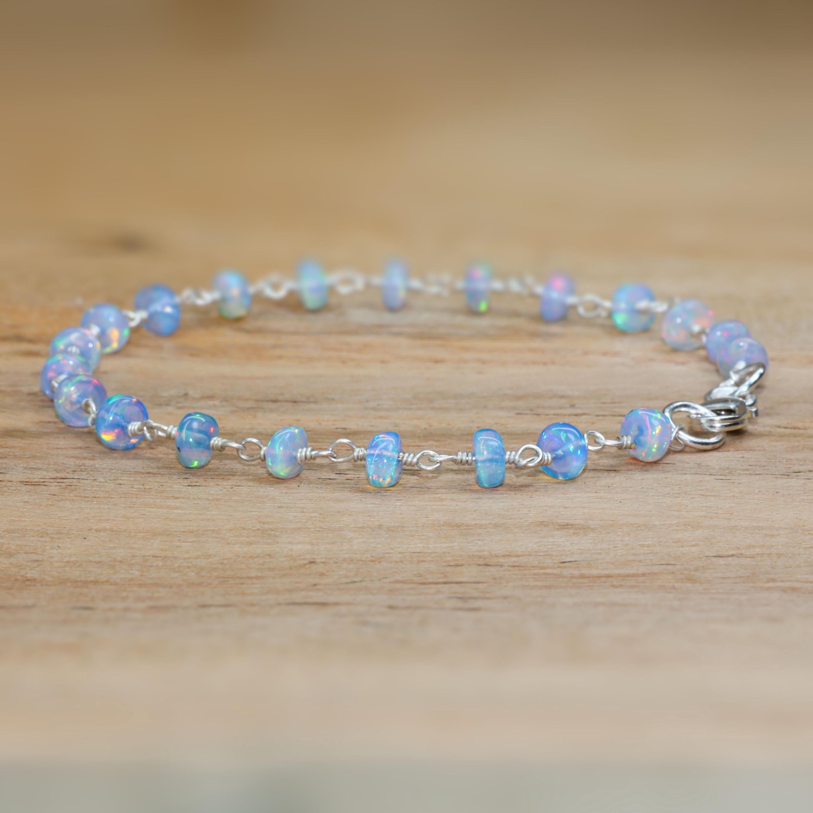 Natural Blue Opal Gemstone Wire Wrap Bracelet, Ethiopian Opal Silver Bracelet