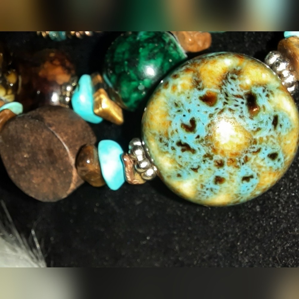 Stone, ceramic, wood, Glass seed beaded necklace Multistrand necklace