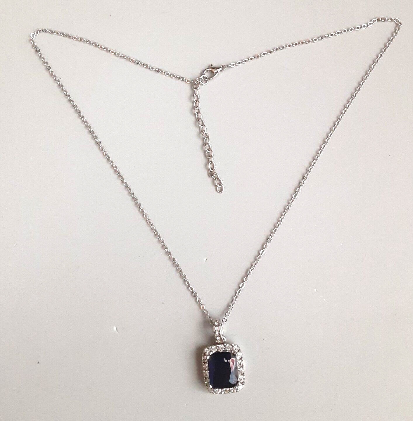 Blue Crystal Pendant Necklace Silver 1 x 16 To 18.5 Inch
