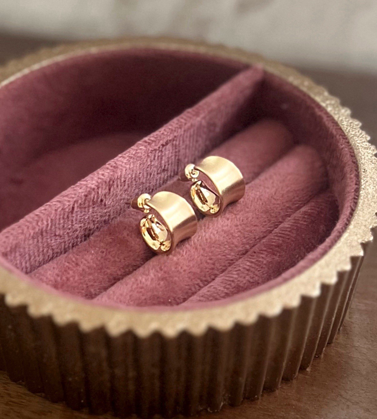 14K Gold Plated Wide-Band Hoop Stud Earrings Semi-Matte Small Hoop Earrings 14mm