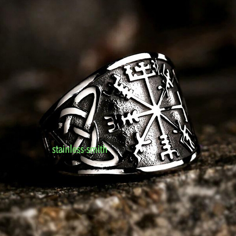 SMITH Men’s Stainless Steel Viking Celtic Knot Vegvisir Compass Ring Size 6-15
