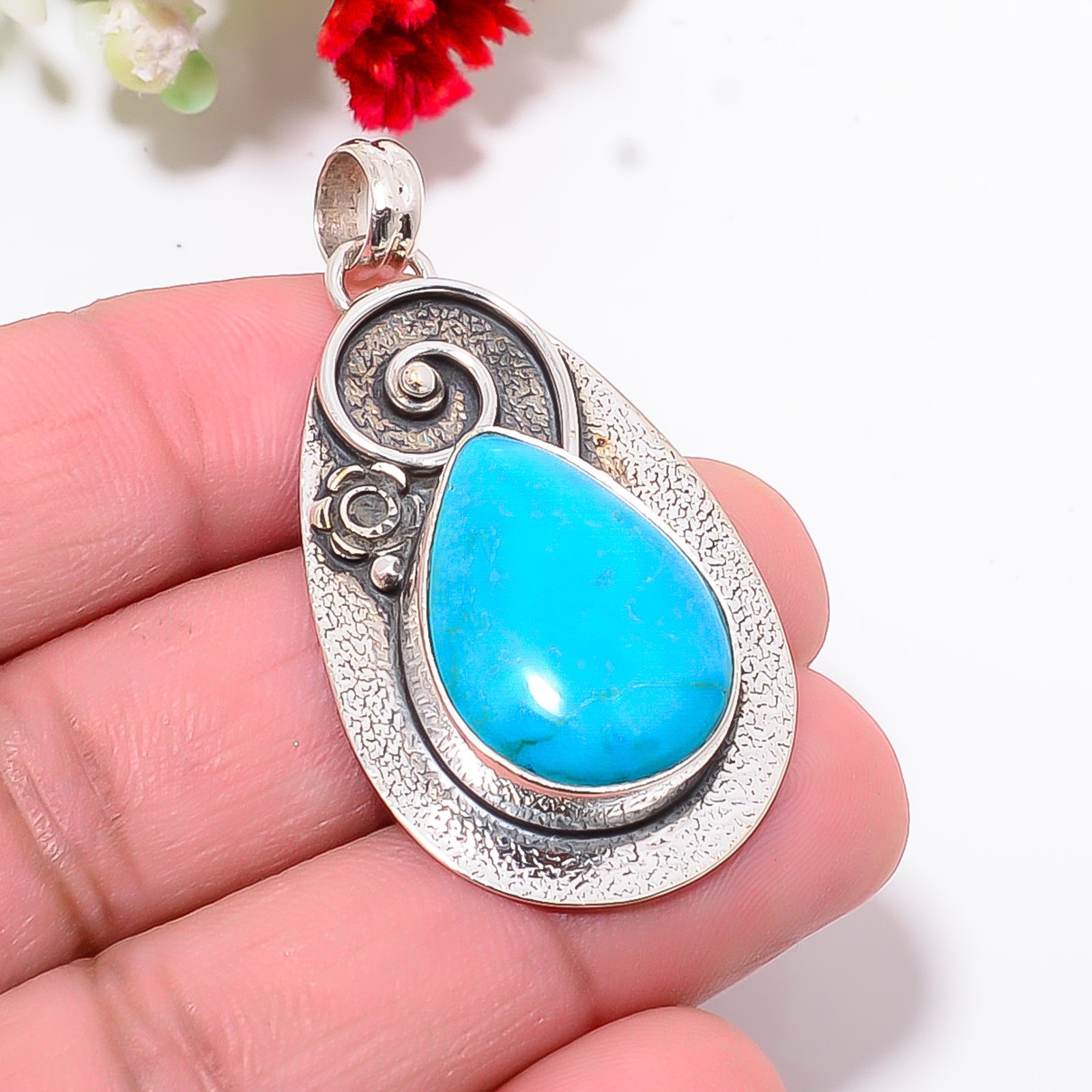 Magnesite Turquoise Designer Handmade 925 Sterling Silver Pendant 1.76″ P6111955