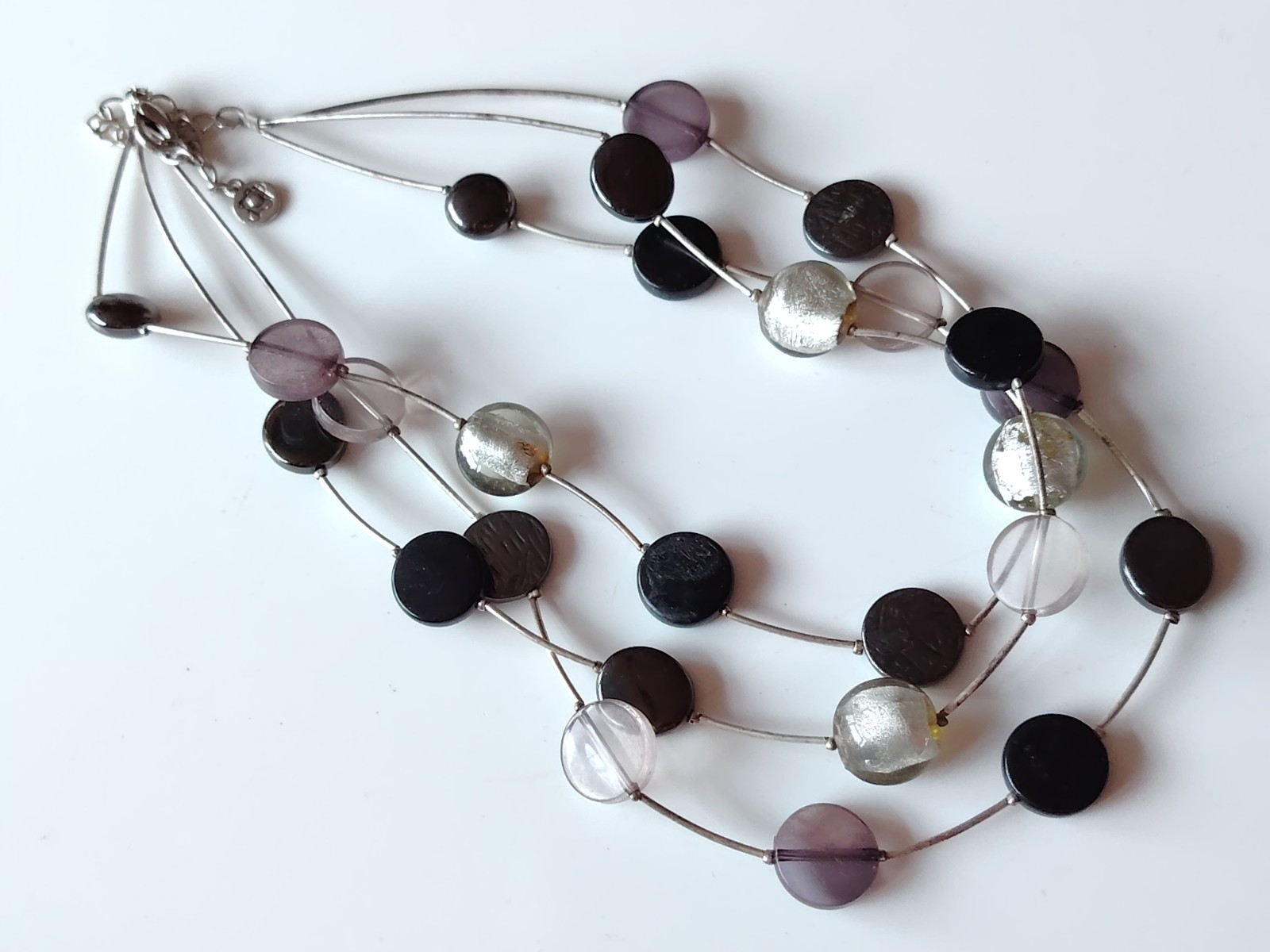 Ikita Silver Tone Foil glass Disc Bead Necklace Layering Metal Tube Multi Strand
