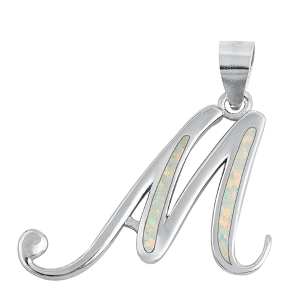 Sterling Silver Cute White Synthetic Opal Initial “M” Pendant Script Charm