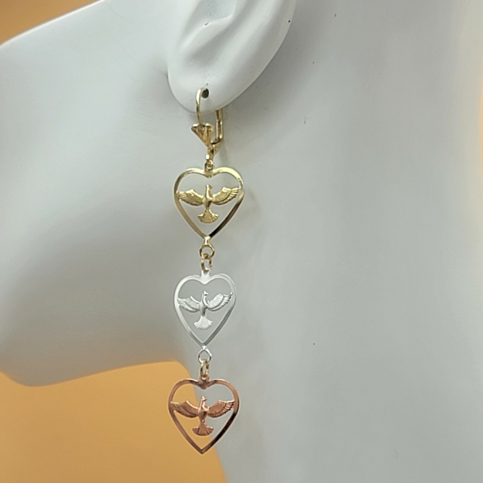 Tri Color Gold Plated Holy Spirit Symbol. Dove. Long Earrings. Lightweight.