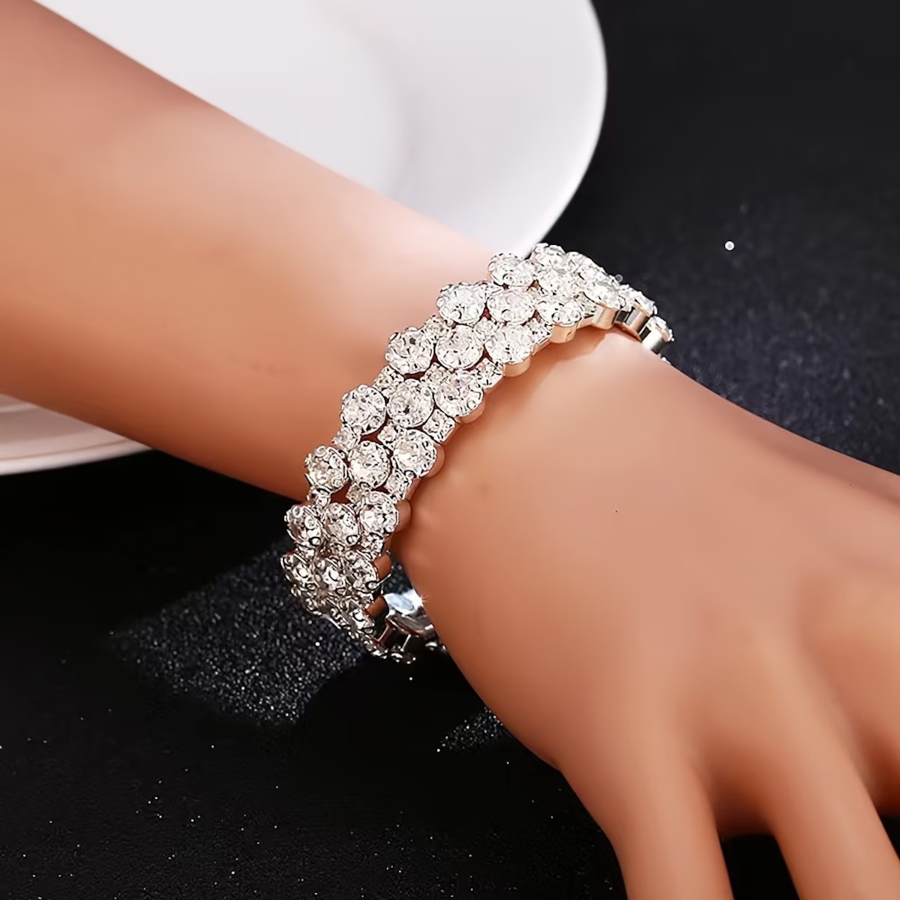 Wide Tennis Silver Crystal Stretch Wrap Bracelet Statement Wedding Bridal Bangle