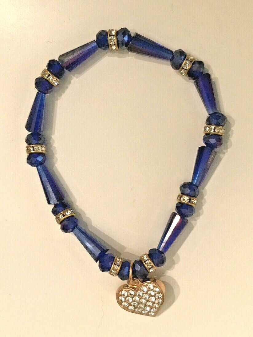 Purple Beaded Rhinestone Spacers & Heart Charm Goldtone Hardware Stretch