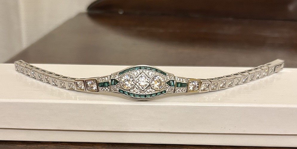 Silver Tone Emerald Green CZ And Diamond CZ Art Deco Inspired Bracelet NWT