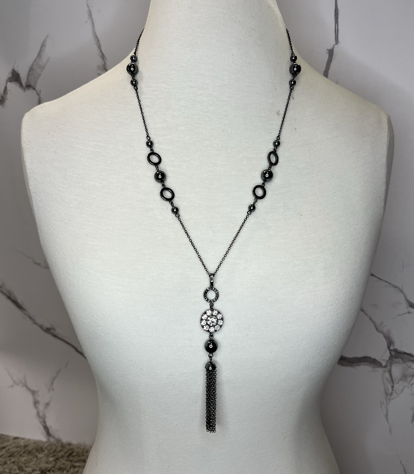 Lia Sophia 27 Inch Long Gunmetal Tone Necklace, Hematite Tone Beads & CZ EUC