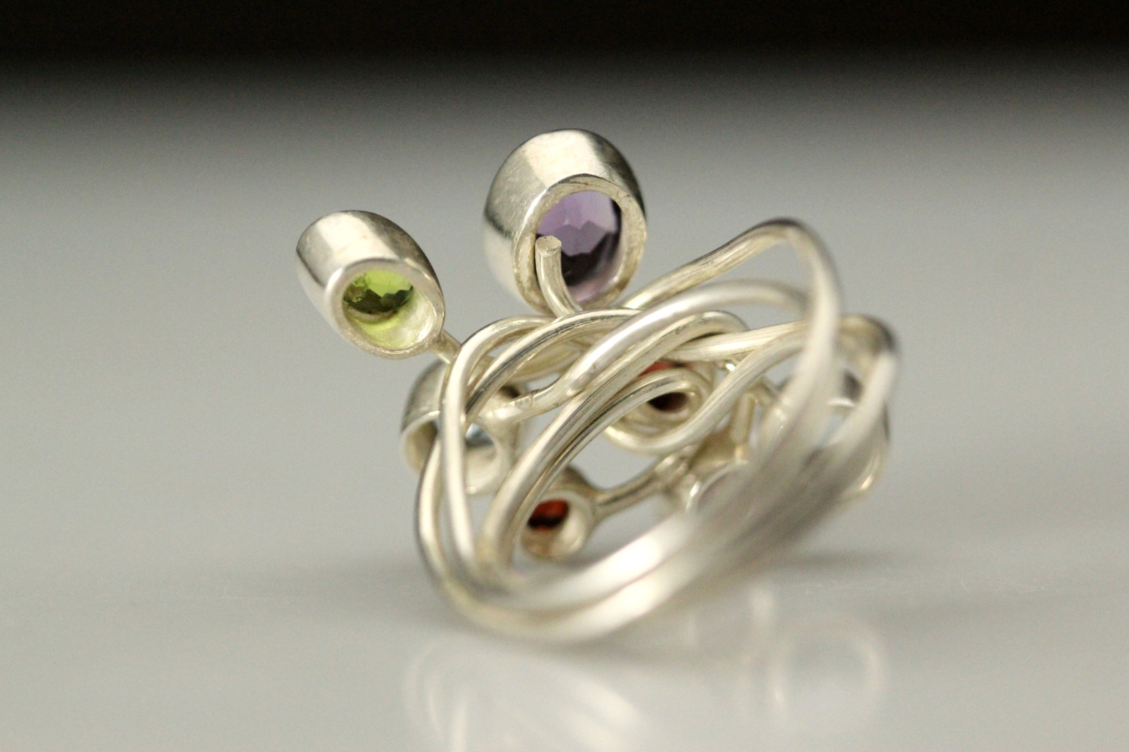Multi-color Stone Four Wire 925 Sterling Silver Artisan Ring 8.6g sz 8(RIN9294)