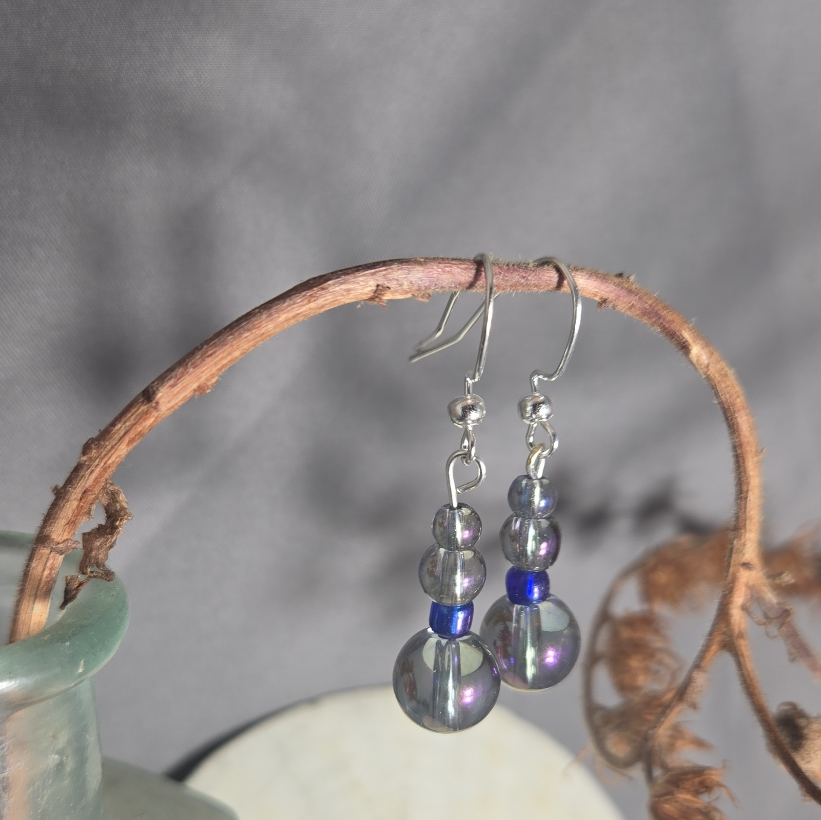 Blue & Gray Glass Round Beaded Dangle Drop Earrings Silver Tone Hook Closure