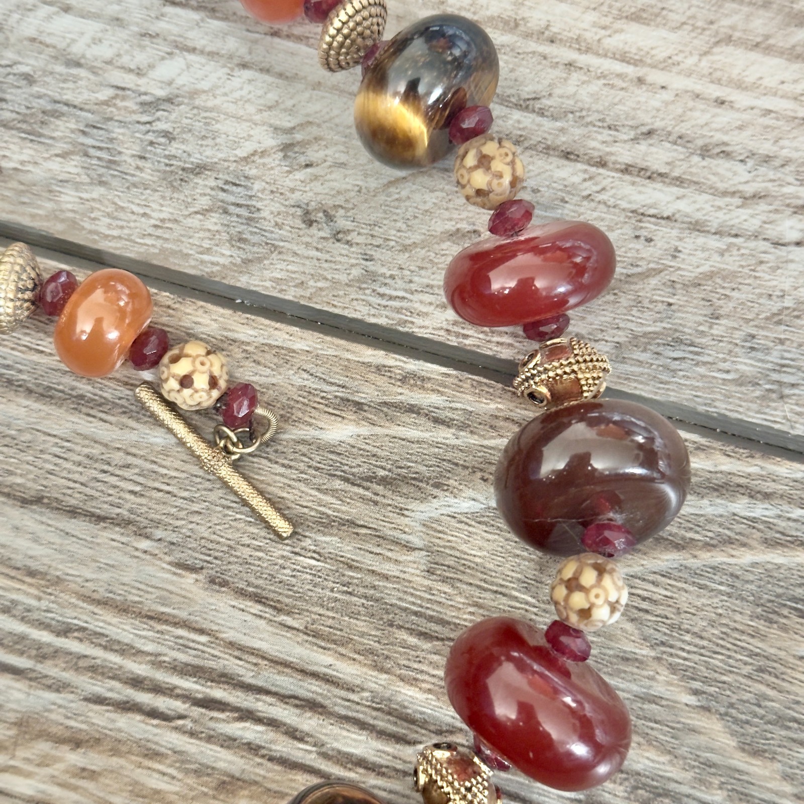 Tigers Eye Mixed Materials Plastic Beaded Statement Necklace Gold Tone