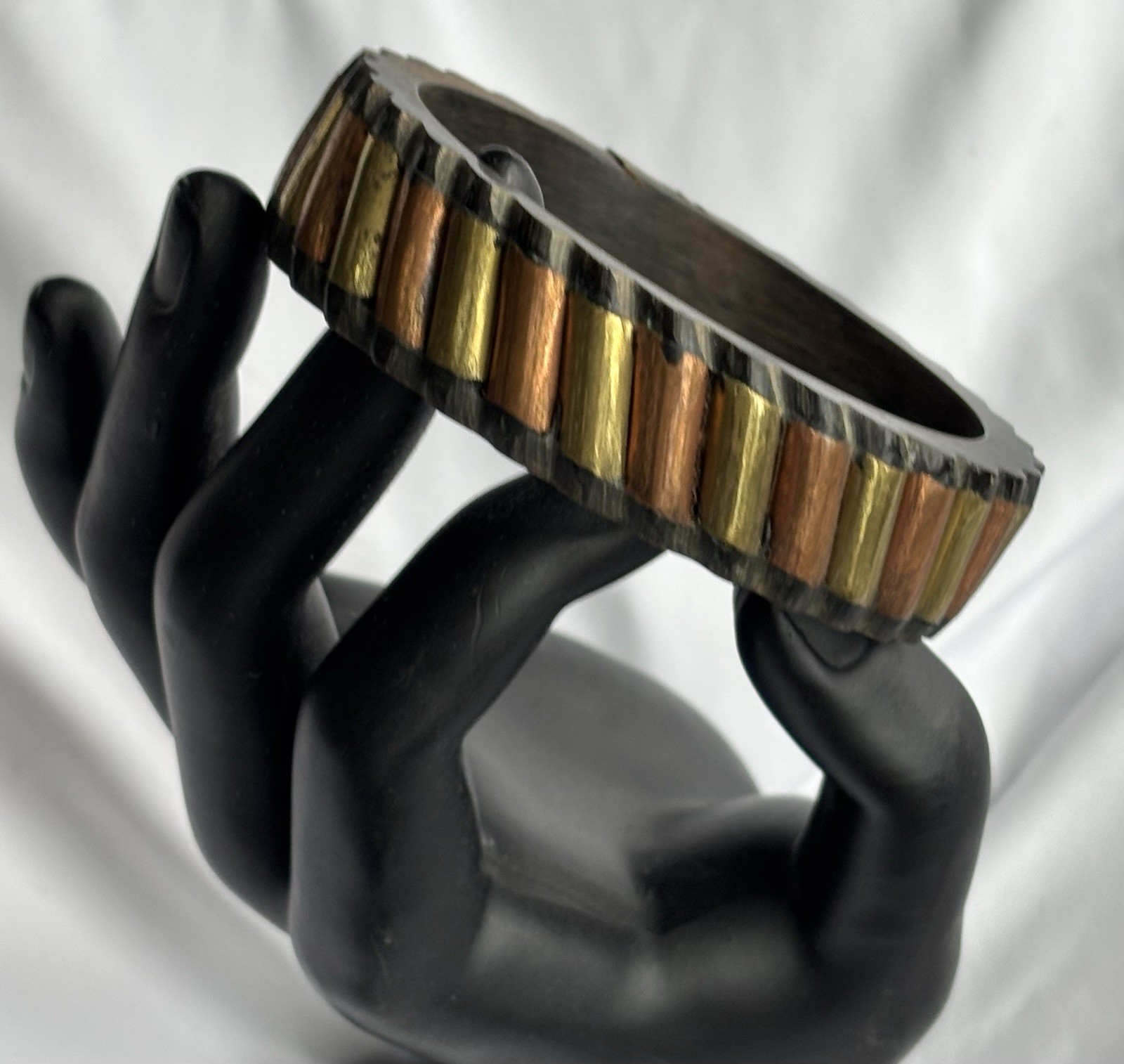 Wood Bangle Copper Brass Metallic Design 2.5” Opening Bracelet Boho Casual