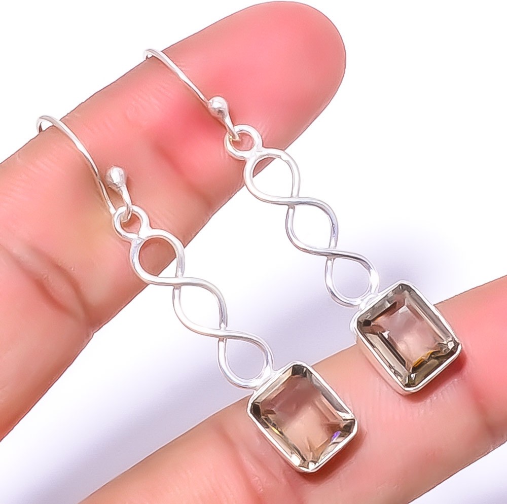 Smoky Quartz Gemstone 925 Silver Plated Spiral Earring 1.79″ A34