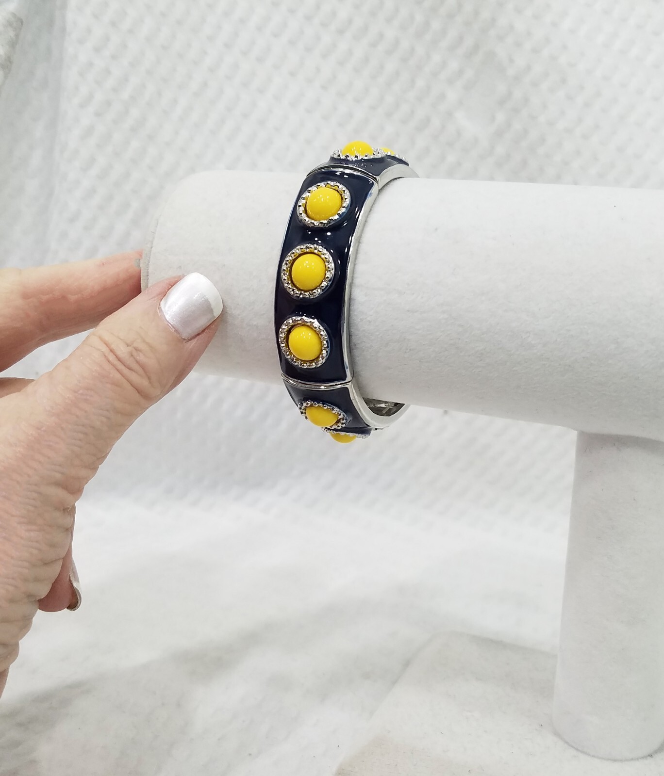 New! Yellow Cabochon and Black Enamel Silver Tone Stretch Bangle Bracelet
