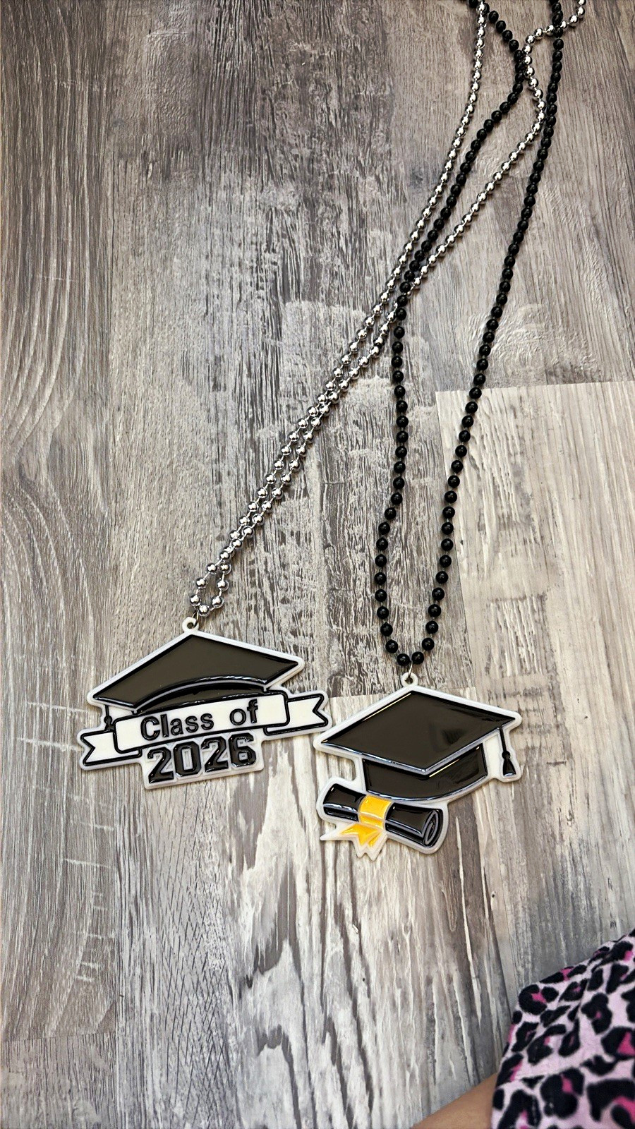 2pc Graduation Class of 2026 Cap Pendant Bead Chain Necklaces Black Silver 35.4″