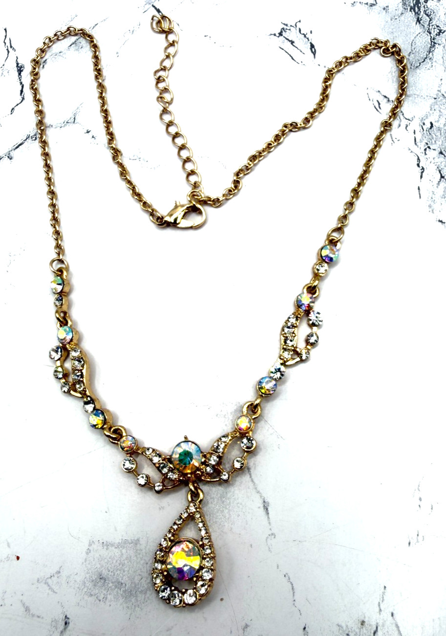 Gold AB Rhinestone Bib Necklace Vintage Style Statement Drop 16-19″ Prom