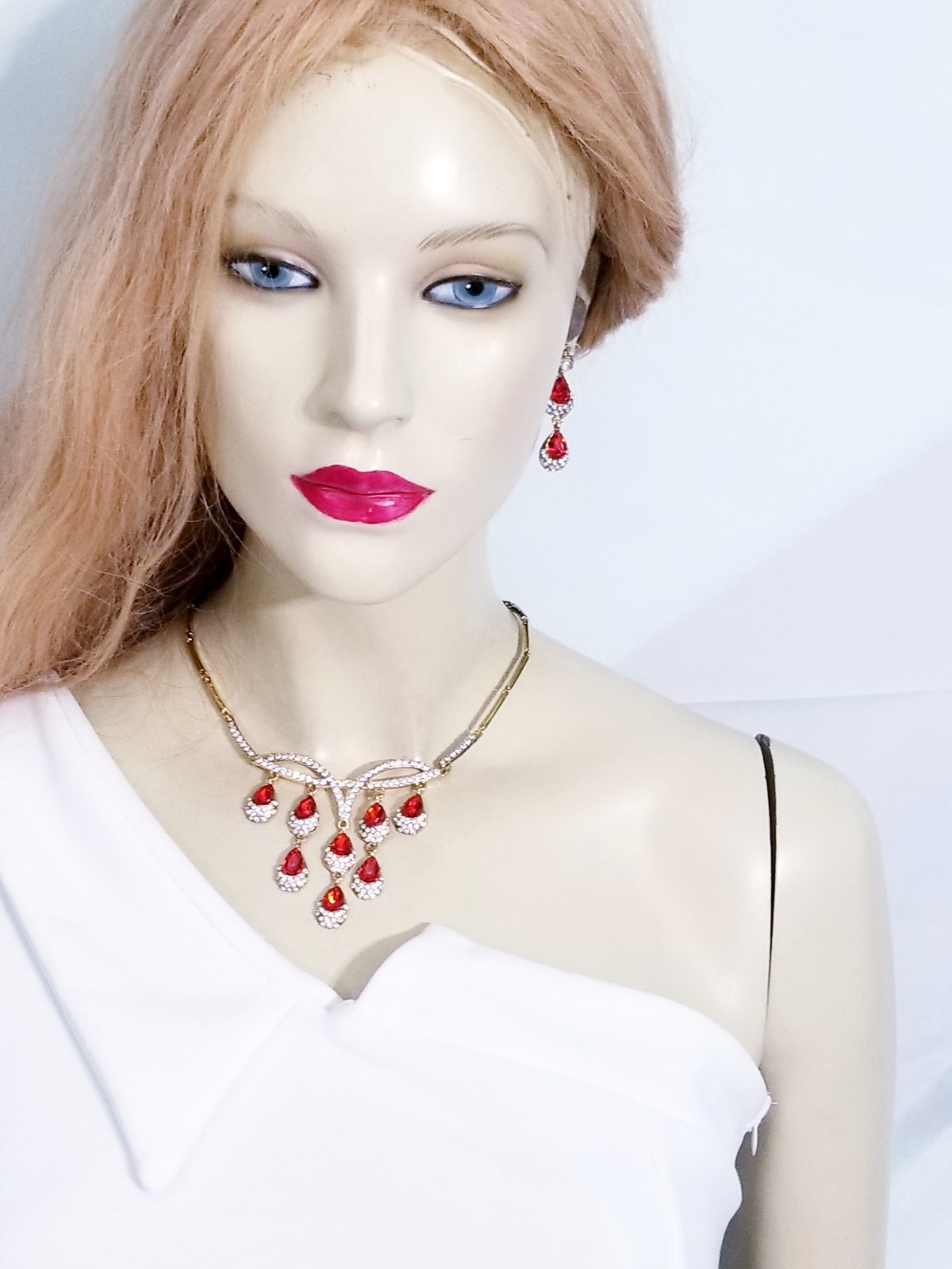 Necklace Earring Set Rhinestone Austrian Crystal Red Bridal Prom Jewelry
