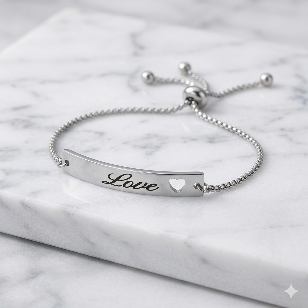 Silver Finish Stainless Steel Adjustable LOVE Engraved Cutout Heart Bracelet