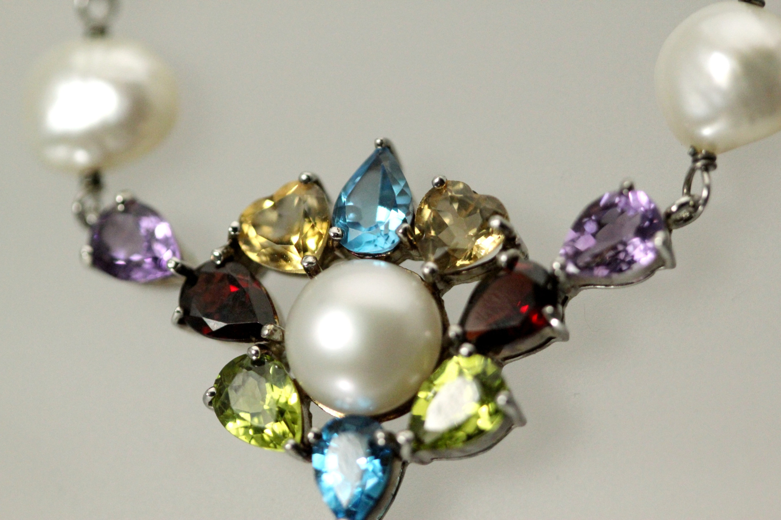925 Sterling Silver Multi Colored Stones & Pearls 20″ Necklace 17 Grams NEC5402