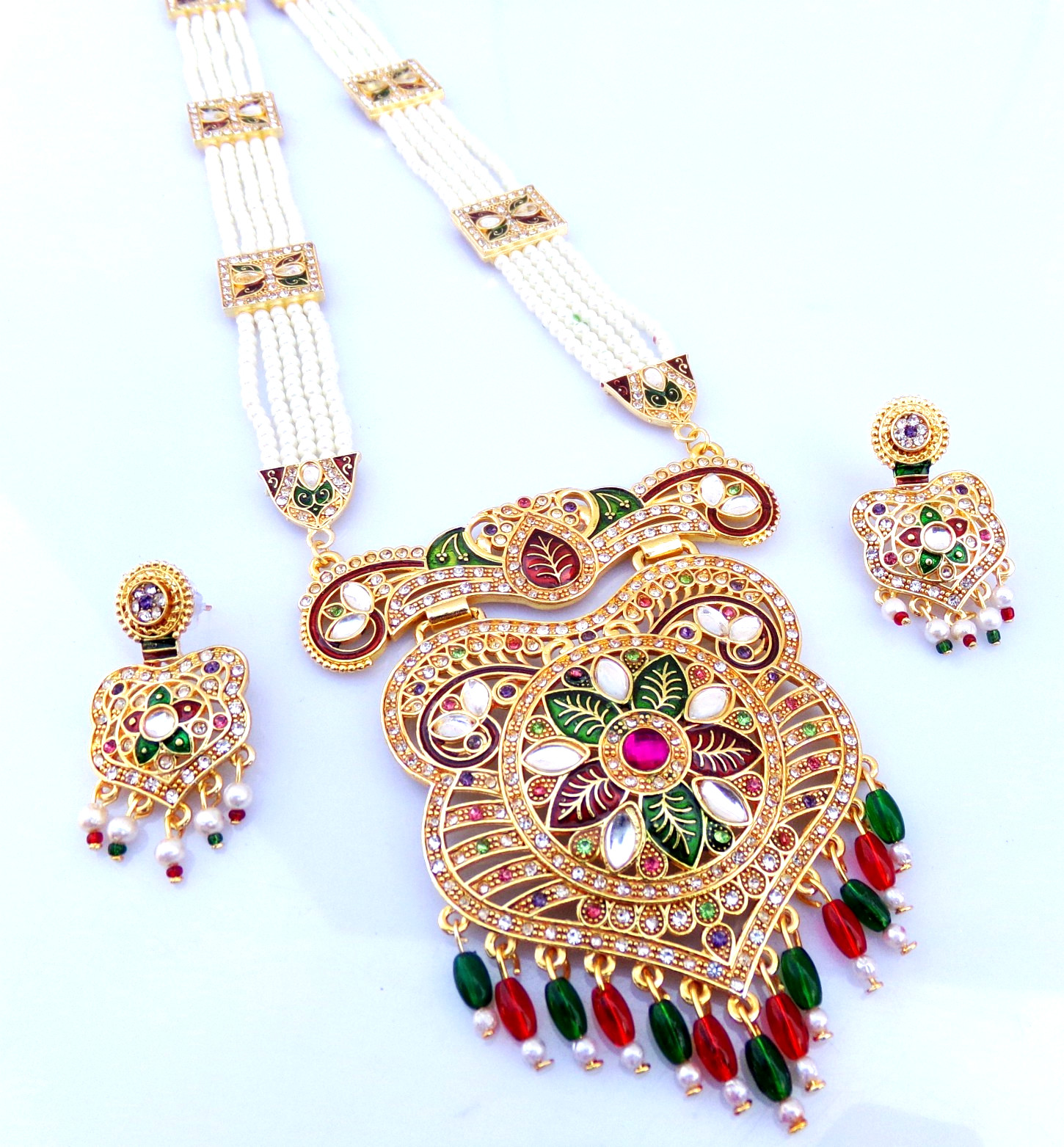 Golden Long Pearl Rani Har Bridal Necklace Earrings Bollywood Indian Jewelry Set