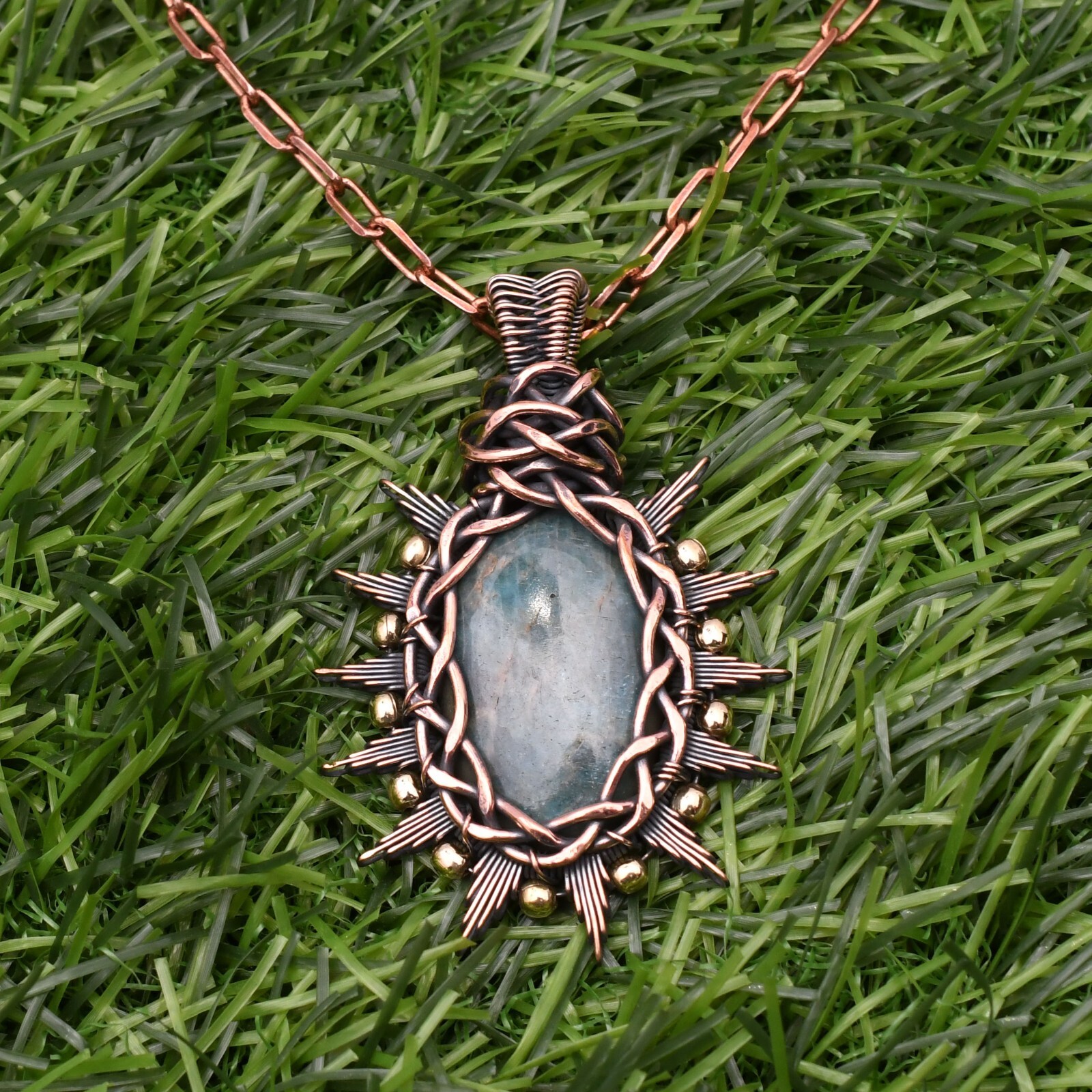 Neon Apatite Gemstone Copper Wire Wrap Handmade Jewelry Pendant 2.28″