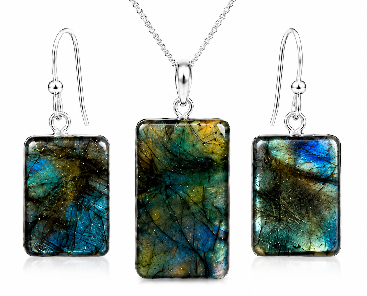 Labradorite Necklace Earrings Set Silver Plated Healing Crystal Jewelry Copper
