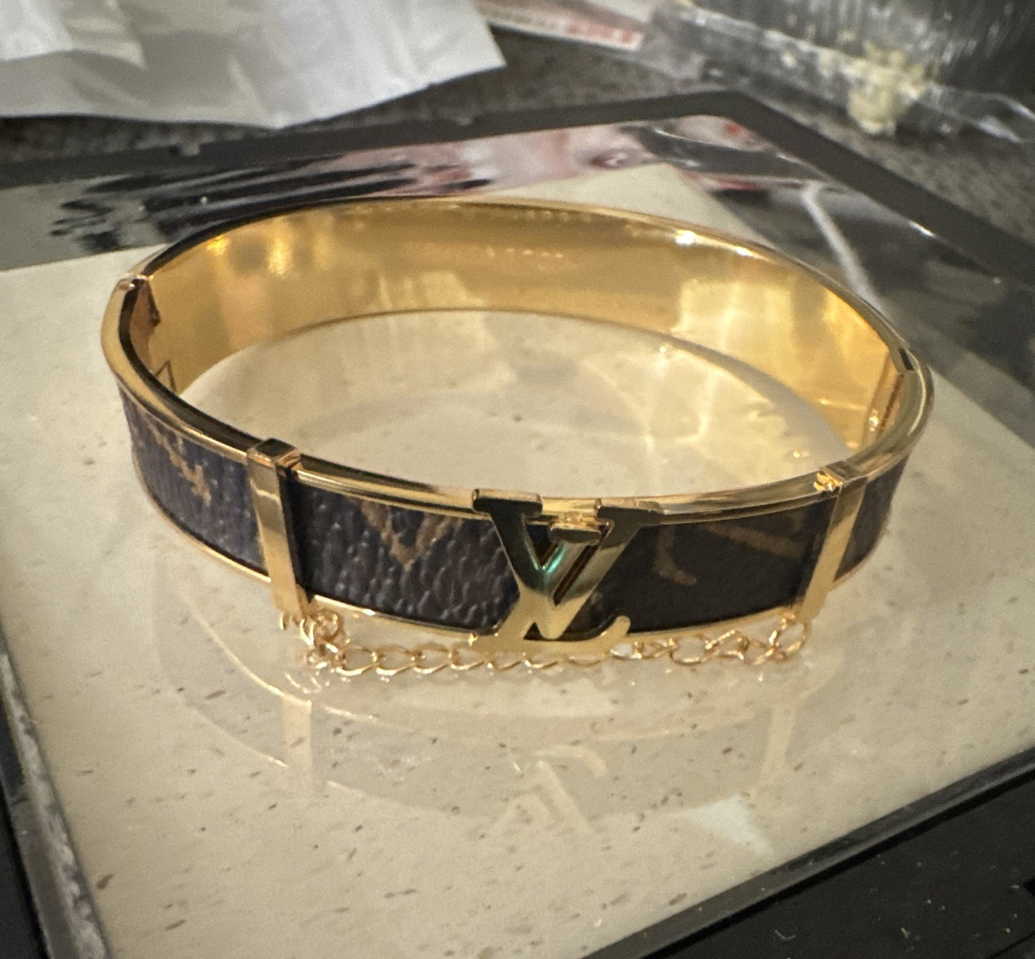 Louis Vuitton LV Monogram Gold Tone Bangle Bracelet w/ Cable Chain Signed