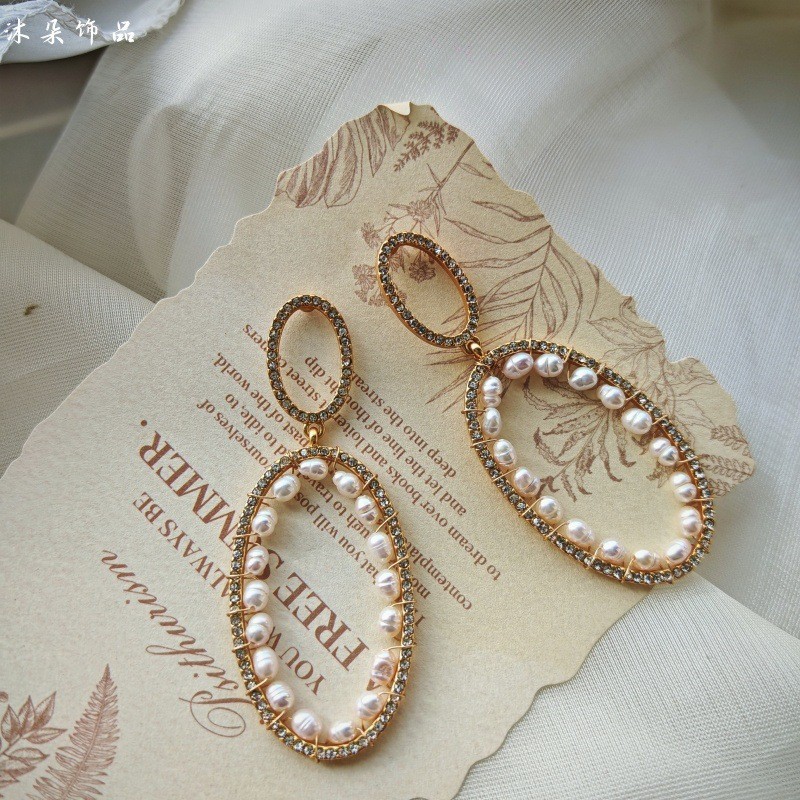 Handmade Woven Pearl Oval Hoop Stud Earrings Daily Elegant Women Jewelry