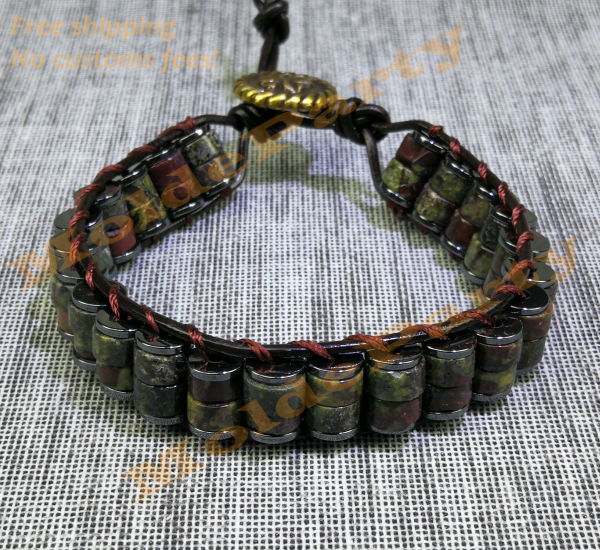 Handmade Natural Dragon Bloodstone Beaded Leather Bracelet Gift Healing Jewelry