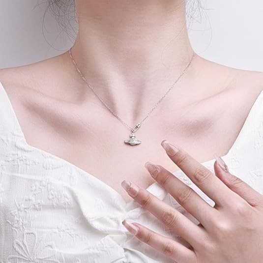 925 Silver Saturn Pendant Necklace (Pin & Zircon, 39+4cm, Gift for Her)