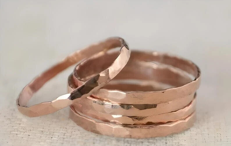 Solid Pure Copper Minimalist Healing Ring, Handmade Unisex, Set of 5 Thin Rings