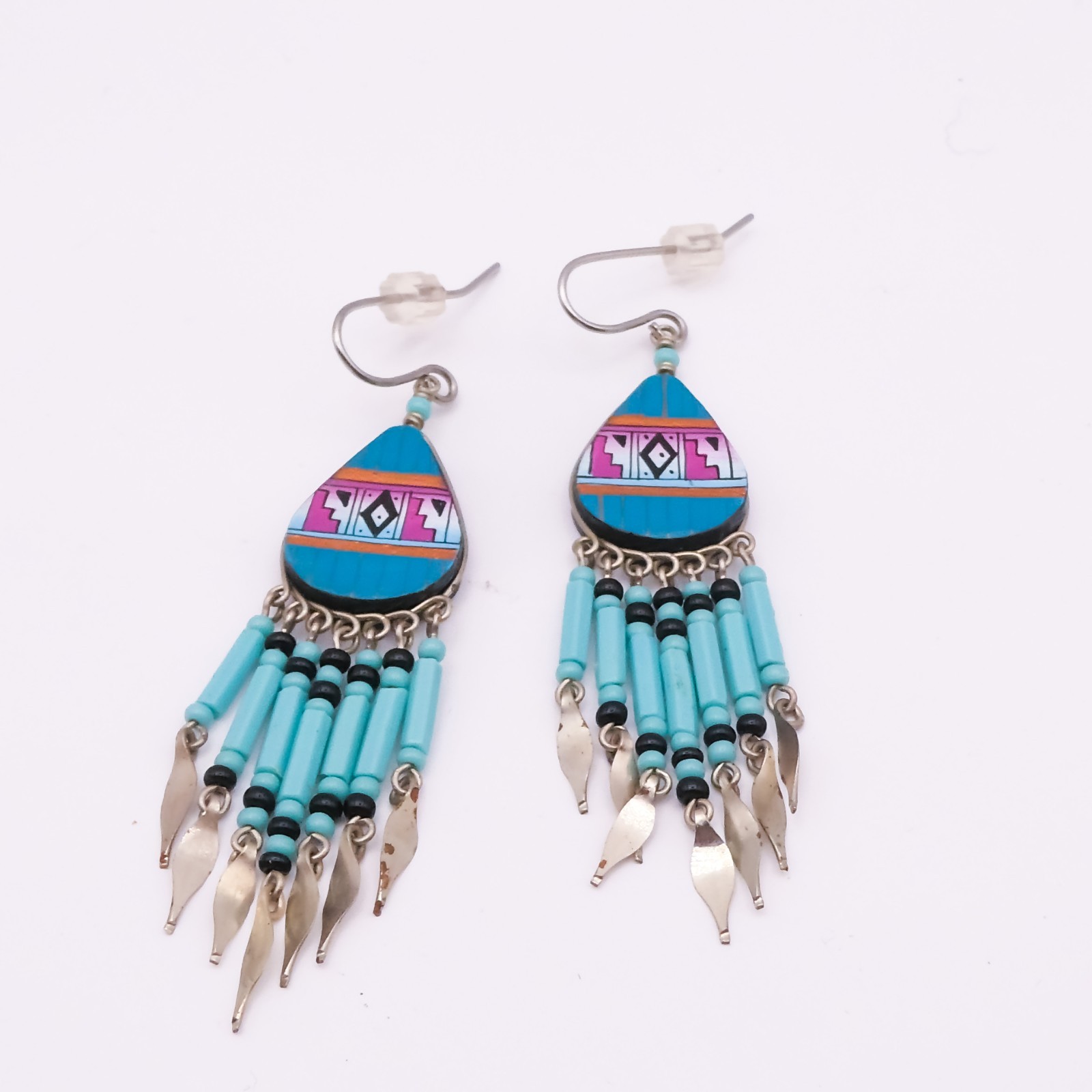 Vintage Handmade Turquoise Handpainted Chandalier Drop-Dangle 2.5″ Earrings